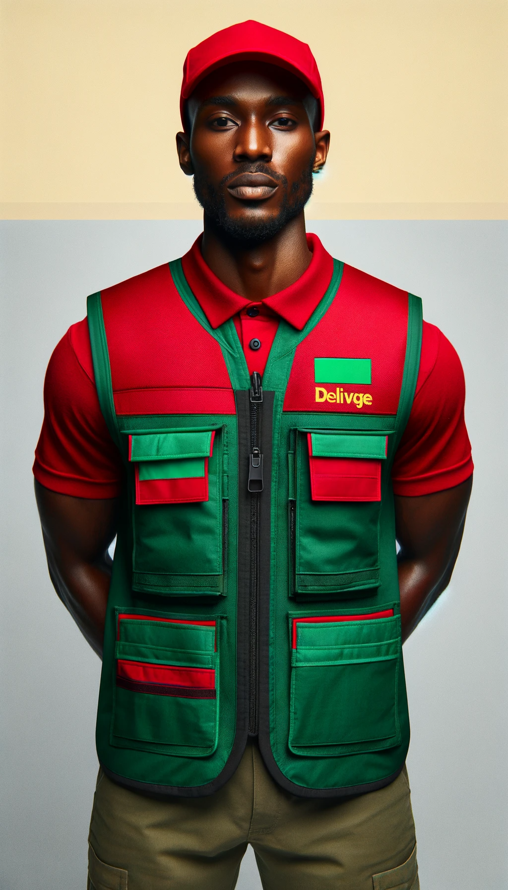 DALL·E 2023 12 18 21.53.11 Create an image of a Jamaican male from the neck down wearing red and green package delivery apparel. The apparel should include a red shirt and a gre